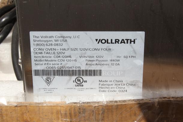 Vollrath half-size convection oven label showing model COV-120-HS, 120V, 1,440W, UL listed, Made in China.