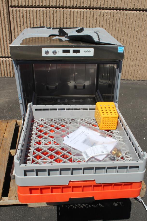 Commercial dishwasher with open door, stainless steel exterior, visible rack, a yellow basket, papers, and installation parts.