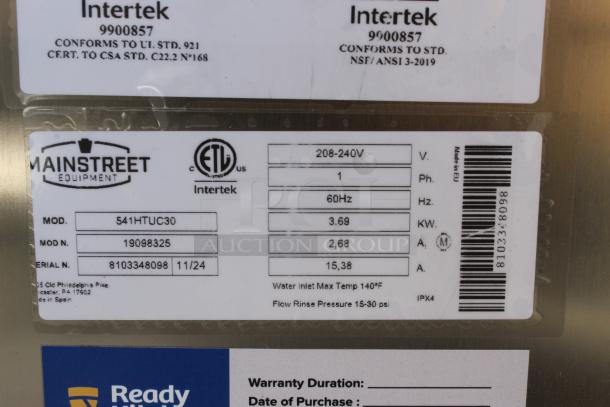Mainstreet Equipment label with model 541HTUC30, 208-240V, 60Hz, 3.69KW, conforming to Intertek standards.