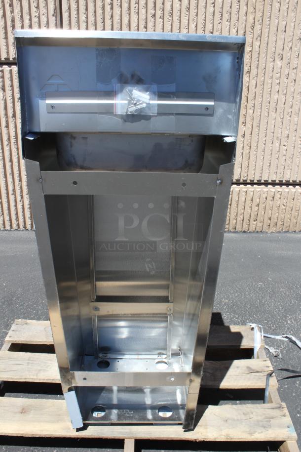 Stainless steel commercial dispenser, new condition, includes mounting bracket and screws, ideal for wall installation.