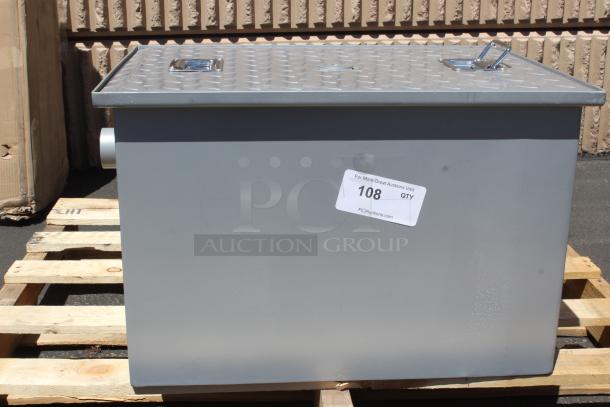 Gray metal storage box with diamond-patterned lid, handles, and a side opening. Marked with "108 QTY" auction tag.
