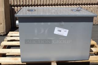 Gray metal storage box with diamond-patterned lid, handles, and a side opening. Marked with "108 QTY" auction tag.