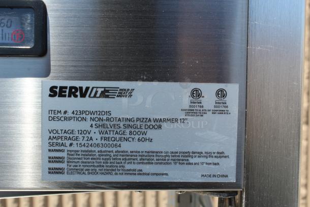 SERV It 12" non-rotating pizza warmer, 4 shelves, 120V, 800W, item 423PDW12D1S, made in China, ETL certified.