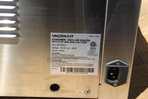 VACPAK-IT Chamber Vacuum Sealer, Model 186VMC16, 1150W, 110-120V, with 16" seal bar and oil pump, ETL certified.