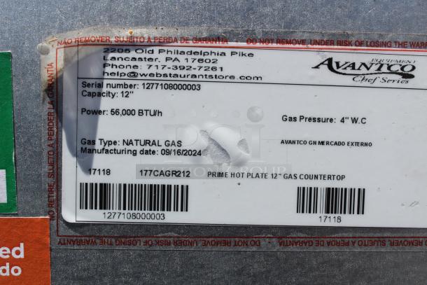 Avantco Prime Hot Plate, 12" gas countertop, natural gas, 56,000 BTU/h, serial 1277108000003, manufactured 09/16/2024.