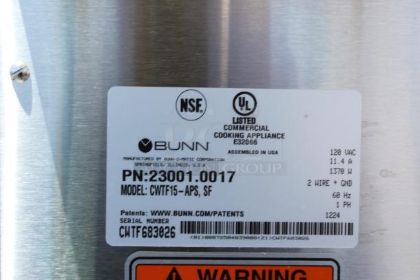 Bunn commercial cooking appliance label, Model CWTF15-APS, NSF and UL listed, 120 VAC, 1370 W, serial CWTF683026.
