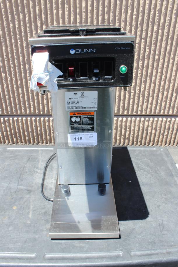 Bunn CW Series coffee machine, stainless steel, good condition, with manufacturer's label and warning stickers visible.