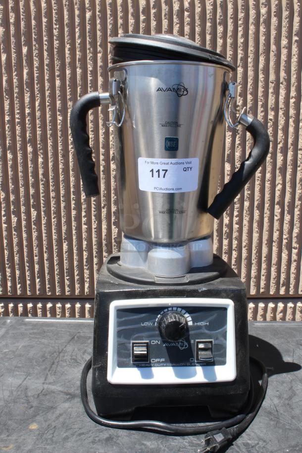 Avamix heavy-duty 1-gallon blender with stainless steel container, dual handles, and control dial. Auction tag number 117.
