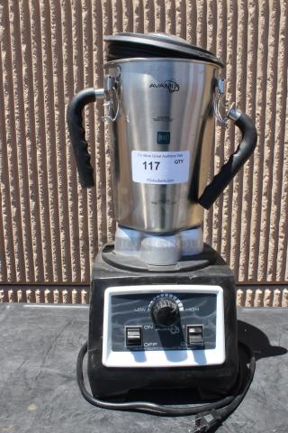 Avamix heavy-duty 1-gallon blender with stainless steel container, dual handles, and control dial. Auction tag number 117.
