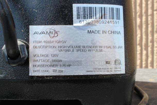 Avamix high volume blender, model 928BX1GRGV, 1800W, 3.75HP, 1-gal SS jar, variable speed, pulse, NSF certified, made in China.