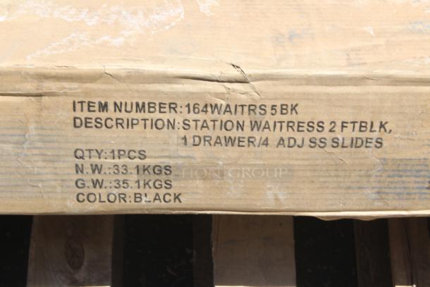 Cardboard box showing item number 164WAITRS5BK. Description: Station Waitress, 2ft black, 1 drawer, 4 adjustable SS slides. Quantity: 1 piece. Net weight: 33.1kgs. Gross weight: 35.1kgs. Color: Black.