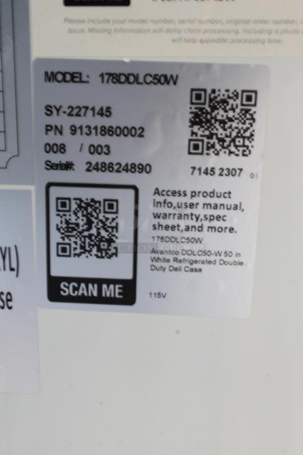 Avantco DDLC50-W label with QR code and serial number 248624890. Describes model access, manuals, and specifications. 115V.