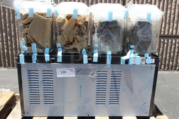 Commercial smoothie machine with four clear containers, marked with tape. Stainless steel base with ventilation panels. Auction label: "120, QTY".