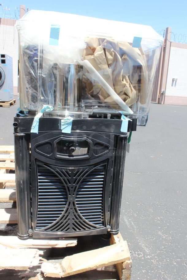 Commercial-grade black bin container, new, plastic wrapped, with metal frame and ventilation grill, set on wooden pallet.