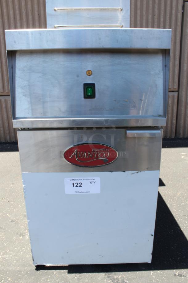 AvantiCo stainless steel kitchen equipment, used condition, green power switch, item tag "122" visible.