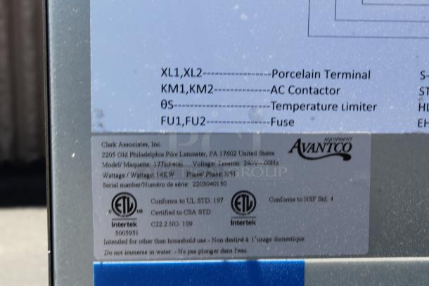 Label on industrial equipment, model 177EF40L, 240V, 14KW, 3PH. Certifications: ETL, NSF. Clark Associates, Inc. Serial: 2203040150.