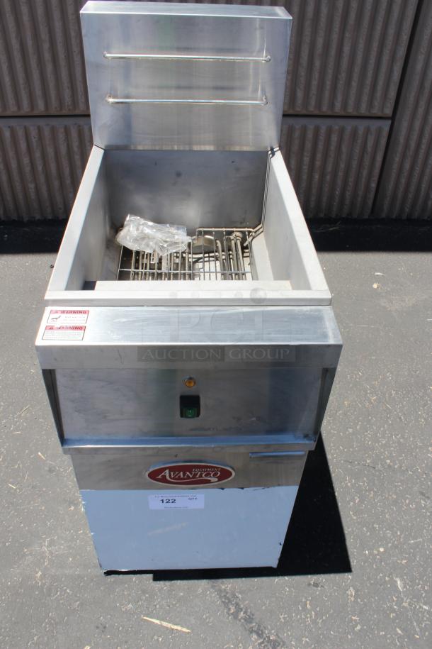 Avantic stainless steel deep fryer, used condition, visible warning labels, model number obscured.