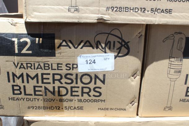 Cardboard box labeled "Avamix 12-inch Variable Speed Immersion Blenders, 120V, 850W, 18,000 RPM, #928IBHD12, 5 per case, Made in China."