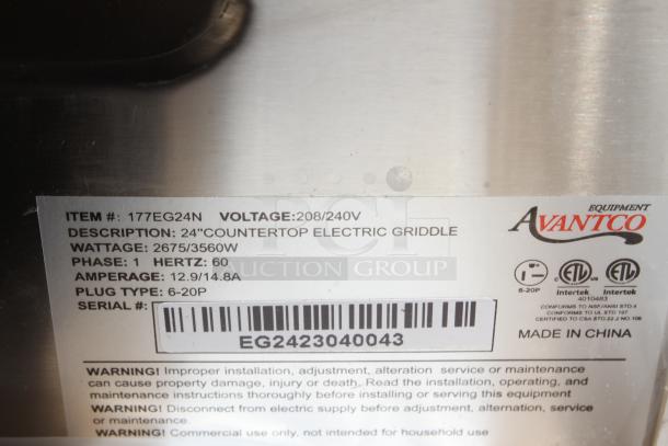 Avantco 24" countertop electric griddle, model 177EG24N, 208/240V, 2675/3560W, uses 6-20P plug. Serial: EG2423040043.