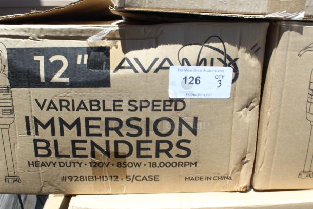 Box of Avamix 12" Variable Speed Immersion Blenders, 120V, 850W, 18,000 RPM. Lot Number 126, Quantity 3, Made in China.