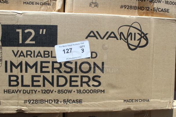 Avamix 12" immersion blenders box, heavy duty, 120V, 850W, 18,000 RPM. Auction tag: Item 127, Quantity 3. Made in China.