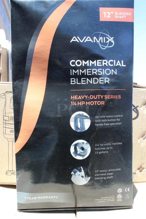 AvaMix Commercial Immersion Blender, 12" shaft, 1¼ HP motor, heavy-duty series, variable speed, 1-year warranty.