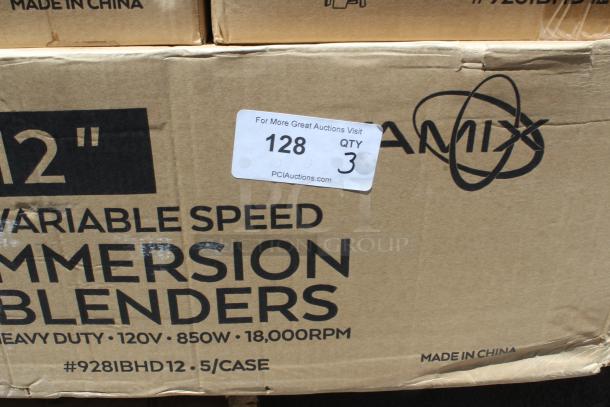 Amix 12" variable speed immersion blenders, heavy duty, 120V, 850W, 18,000 RPM, 5 per case, made in China, tag shows lot 128, qty 3.
