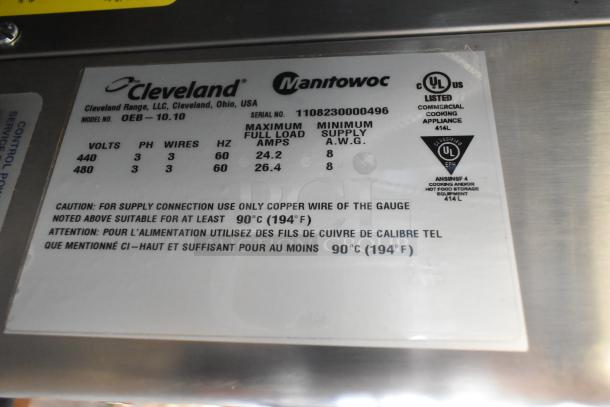Label on 2023 Cleveland OEB-10.10 commercial convection oven; indicates 440/480 volts, 3 phase, UL listed for commercial use.