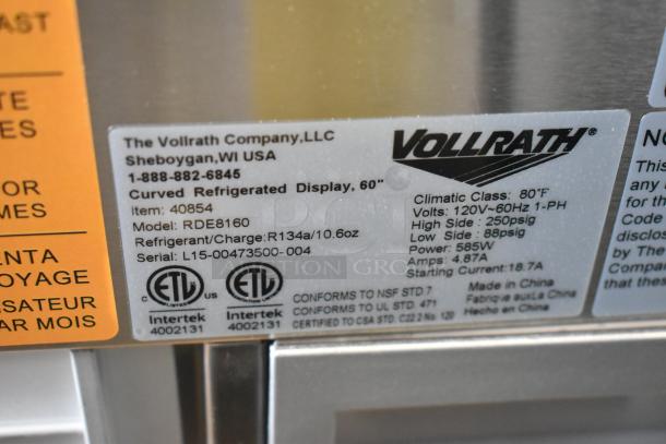 Vollrath RDE8160 60" refrigerated display cabinet label, detailing model, voltage, refrigerant type, and certifications.
