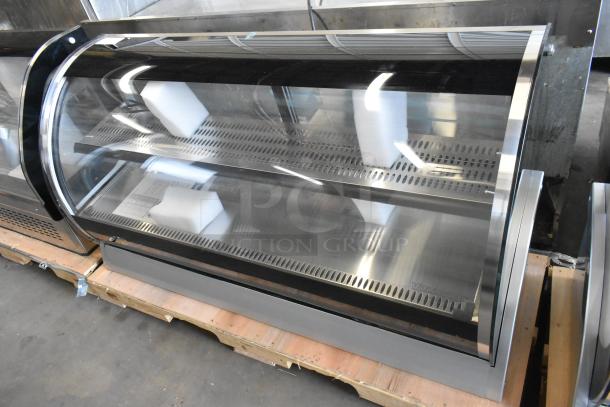 BRAND NEW Vollrath RDE8160 60" curved glass refrigerated display cabinet, 120V, 1 Phase, minor scratches, on wooden pallet.