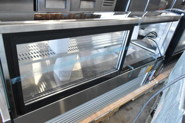 Brand new Vollrath RDE8160 60" curved glass refrigerated display cabinet, 120V, 1 phase, with visible wiring.