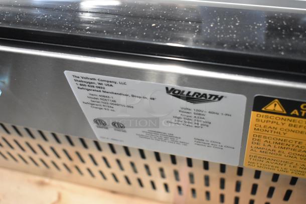 BRAND NEW Vollrath RDE7148 Stainless Steel Countertop Refrigerated Display Case with visible label. 120V, 1 Phase. Model 40843-1.