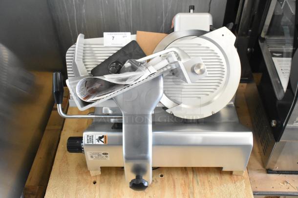 Brand new 2018 Globe SG13A-07 stainless steel commercial meat slicer with blade sharpener, 220V, 1 phase.