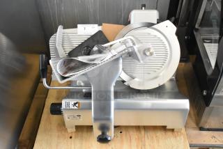 Brand new 2018 Globe SG13A-07 stainless steel commercial meat slicer with blade sharpener, 220V, 1 phase.