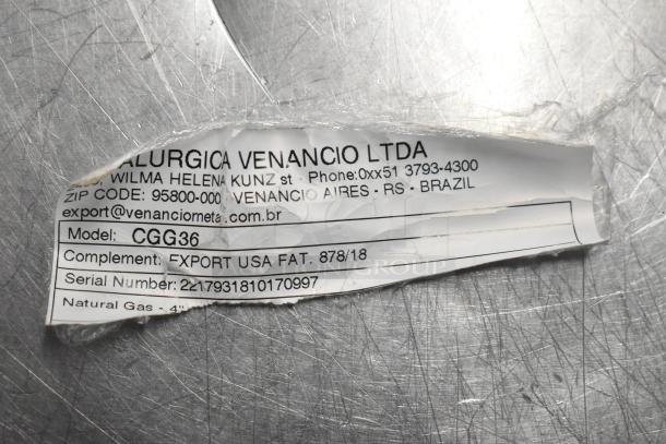 Brand new Venancio CGG36 stainless steel charbroiler grill with minor scratches, natural gas, commercial use.