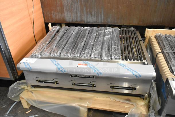 BRAND NEW Venancio CGG36 stainless steel charbroiler grill, natural gas, scratch and dent, wrapped grates, model label visible.