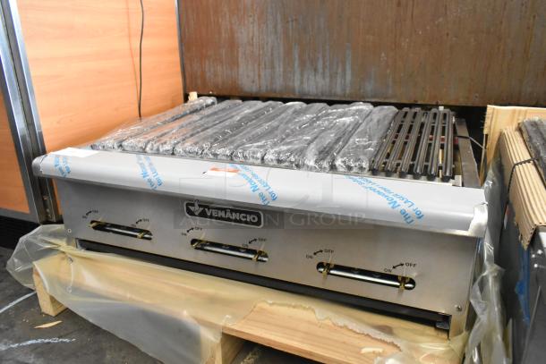 BRAND NEW Venancio CGG36 stainless steel countertop charbroiler grill, natural gas powered, minor scratches and dents, protective wrap on grates.