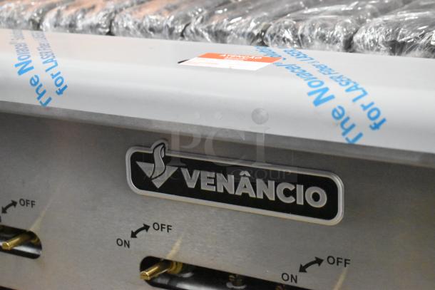 BRAND NEW Venancio CGG36 stainless steel charbroiler grill, natural gas powered, scratch and dent, labeled "Venancio."