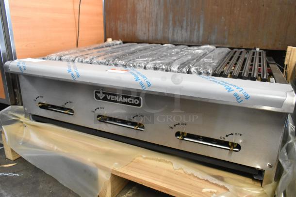 BRAND NEW SCRATCH AND DENT Venancio CGG36 stainless steel gas charbroiler, commercial countertop model, with protective plastic cover.