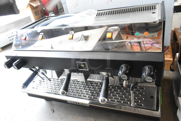 Brand new 2024 Astra Mega III M3S-018 stainless steel 3-group espresso machine, semi-automatic, with 3 portafilters, 2 steam wands.