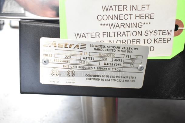 Astra Mega III M3S-018 stainless steel espresso machine label, showing voltage, wattage, and certifications.