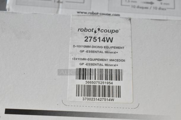 Label on Robot Coupe R402 box, showing model 27514W dicing equipment details, barcode visible.