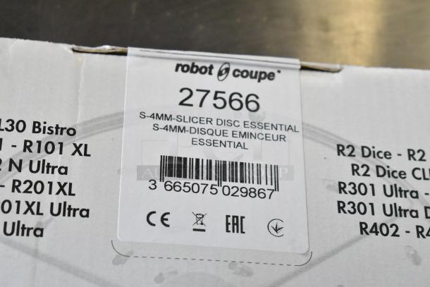 Label of Robot Coupe R402 food processor box, featuring model number 27566 and barcode.