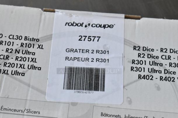 Robot Coupe R402 food processor box with 27577 grating disc label. New condition. Suitable for commercial use.