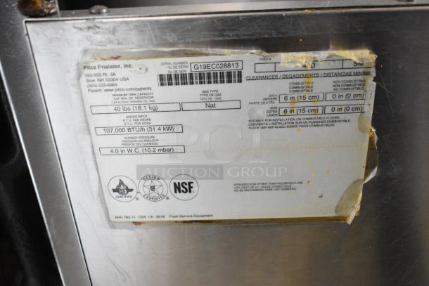 2019 Pitco Frialator 40D Stainless Steel Commercial Deep Fryer, 107,000 BTU, natural gas, NSF certified label visible.