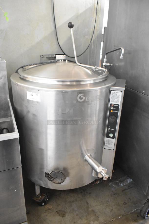 Groen AH-1E-40 stainless steel 40-gallon steam kettle, commercial floor model on casters, control panel visible.