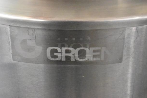 Groen AH-1E-40 stainless steel 40-gallon steam kettle, commercial floor style, visible brand logo, on casters.