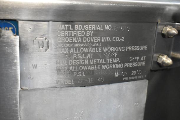 Groen AH-1E-40 steam kettle plaque showing serial number, model, and pressure specifications for commercial use.