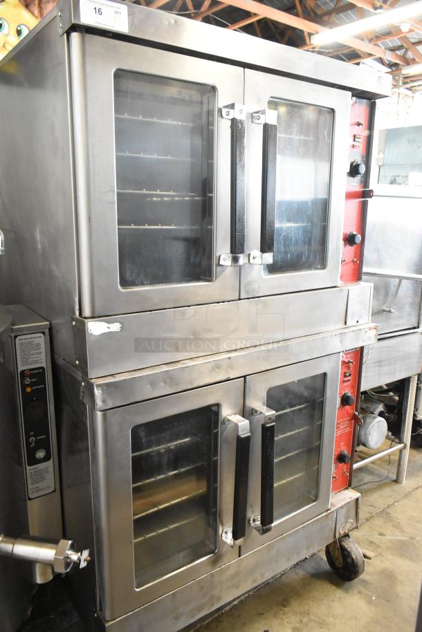 2 Vulcan VC4CD stainless steel convection ovens, with view-through doors, metal racks, thermostatic controls, on casters.