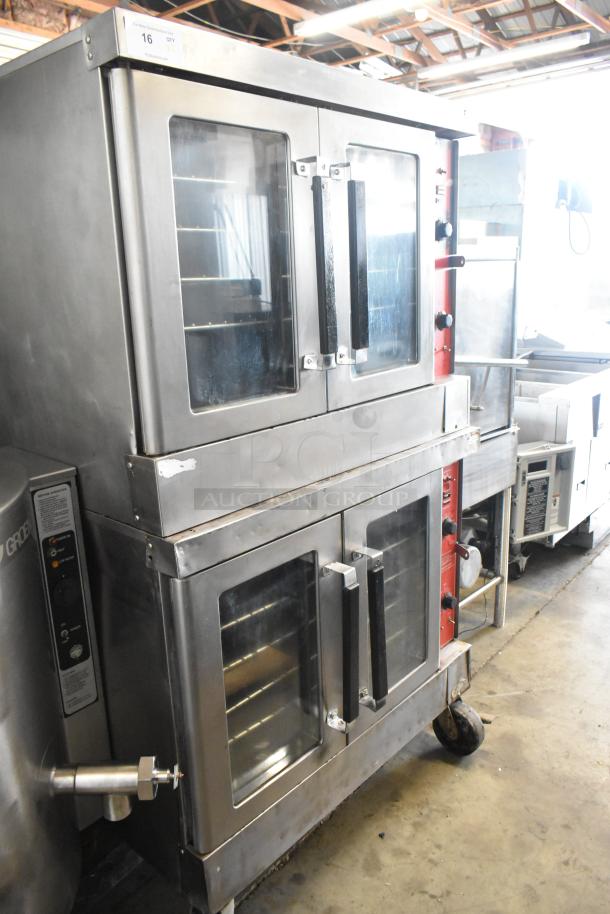 Vulcan VC4CD stainless steel commercial convection oven pair, view-through doors, metal racks, thermostatic controls, casters.